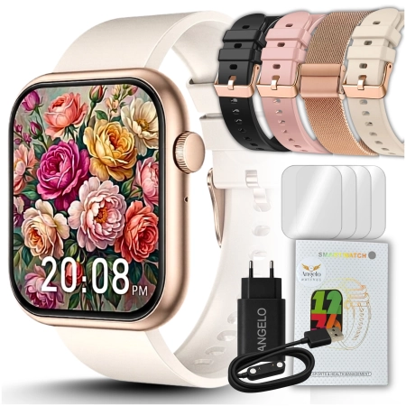 Smartwatch Zegarek Damski Angelo AQX7 PRO złoty Rozmowy SMS Sport Zdrowie Menu PL 4 Paski